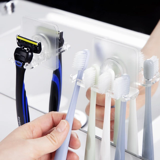 Alt view image 3 of 7 - Toothbrush Holder 2 Packs Clean Polycarbonate for Bathroom Shower Easy Installation, No Drilling, No Glue, Wall Mounted, Home Decor Essentials, Transparent