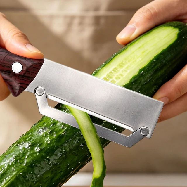 Alt view image 5 of 7 - Multifunctional Vegetable Peeler with Wooden Handle and Bottle Opener, Stainless Steel Blade Non-Slip Kitchen Peeler for Potato Apple Pumpkin and Zucchini Fruits & Veggie Easy Peeling Tool