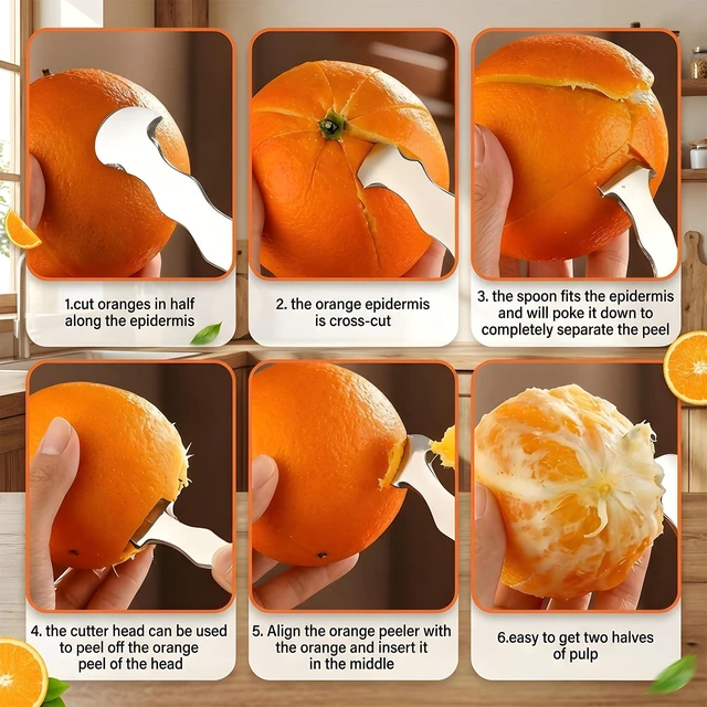 Alt view image 3 of 7 - Orange Peeler Tool 2 Pack Stainless Steel Citrus Peeler for Oranges | Grapefruits, Lemons Ergonomic Fruit Skin Remover & Slicer