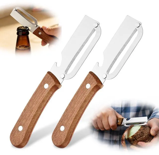 Main image of 2-in-1 Vegetable Peeler Set, Vegetable Scrubber Brush, 2 Pack | 2-in-1 peeler with stainless steel blade, scrubber brush, and bottle opener for easy fruit and vegetable prep.