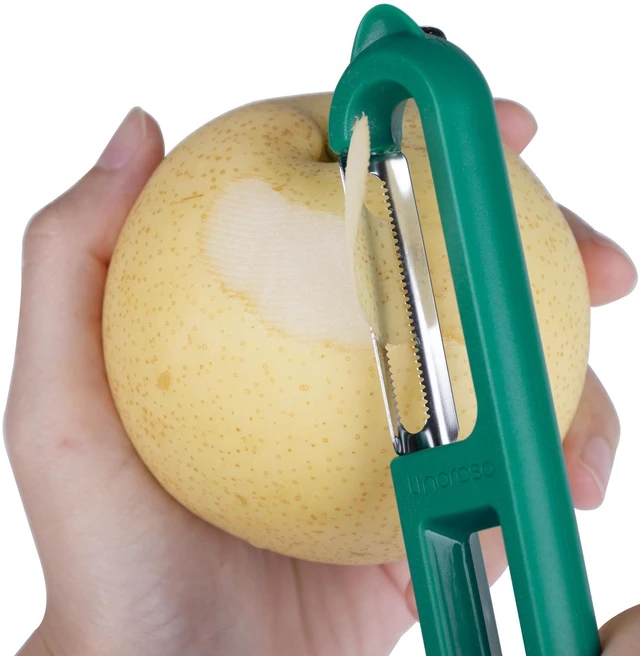 Alt view image 4 of 7 - 3-Piece Vegetable Peeler Set - Straight, Serrated & Julienne Y-Peeler, Dishwasher Safe, Ideal for Veggies & Fruits, Green