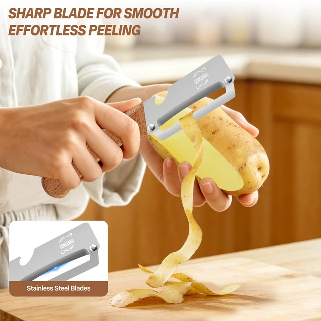 Alt view image 3 of 7 - MultiFunctional Vegetable Peeler, Non-Slip Wooden Handle with Sharp Stainless Steel Blade, Built-in Bottle Opener - Perfect Kitchen Peeler For Veggie, Fruit, Potato, Carrot, Apple