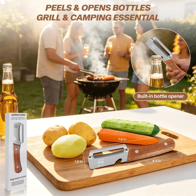 Alt view image 7 of 7 - MultiFunctional Vegetable Peeler, Non-Slip Wooden Handle with Sharp Stainless Steel Blade, Built-in Bottle Opener - Perfect Kitchen Peeler For Veggie, Fruit, Potato, Carrot, Apple