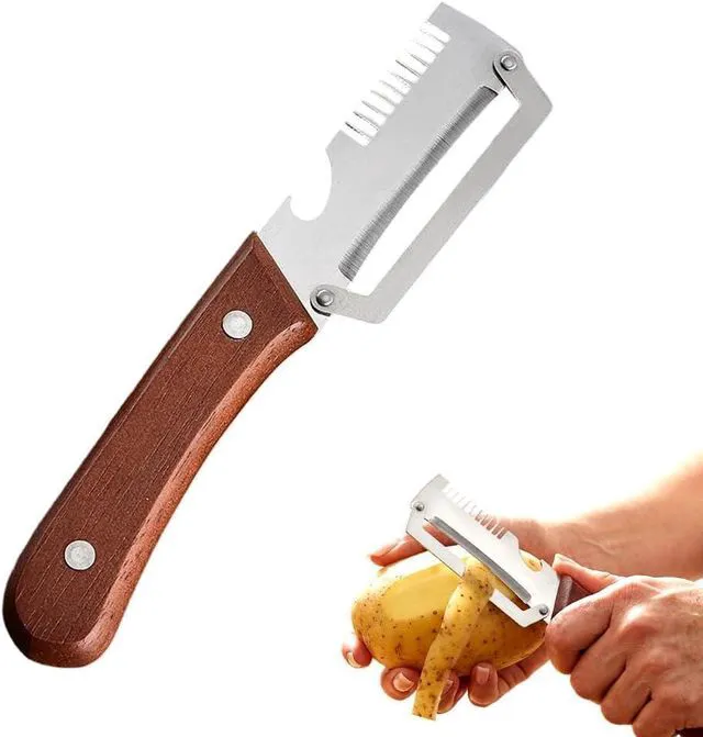 Main image of Multifunctional Vegetable Peeler with Wooden Handle, Stainless Steel Blade, 2 in 1 Design with Bottle Opener, for Fruits and Vegetables