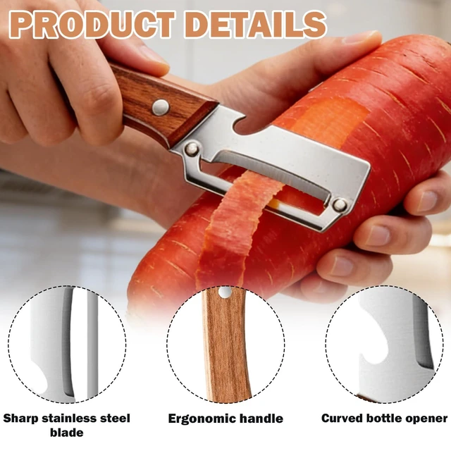 Alt view image 3 of 6 - 2 Pcs Multi-Functional Vegetable Peeler For Kitchen,Fruit Peeler,Potato Peeler,Stainless Steel Blade,With Wooden Handle And Bottle Opener, Kitchen Peeling Tool For Fruits Potatoes Apples Carrots