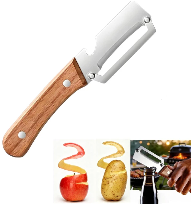 Main image of Multifunctional Vegetable Peeler Knife1Pcs | 2-in-1 Stainless Steel Blade with Wooden Handle, Bottle Opener Included, for Kitchen and Camping