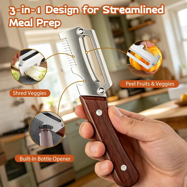Alt view image 3 of 4 - 2PCS Multifunctional Vegetable Peeler for Kitchen, 3 in 1 Stainless Steel Blade with Wooden Handle and Bottle Opener, Ultra-Sharp Kitchen Tool for Fruits and Vegetables