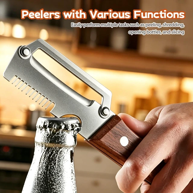 Alt view image 4 of 4 - 2PCS Multifunctional Vegetable Peeler for Kitchen, 3 in 1 Stainless Steel Blade with Wooden Handle and Bottle Opener, Ultra-Sharp Kitchen Tool for Fruits and Vegetables