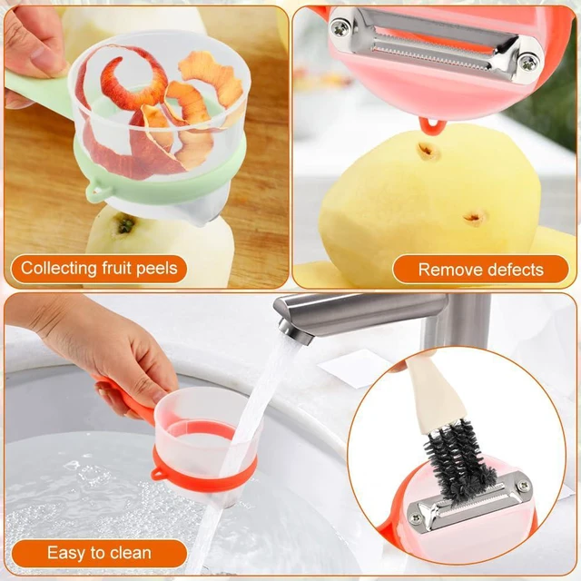 Alt view image 2 of 7 - 2Pcs Peeler with Container, Fruit and Vegetable Enclosed Peeler with Storage Box, Double-Sided Pee-ler Gadgets with Cleaning Brush, for Home Kitchen Restaurant(COLOR:green+orange)