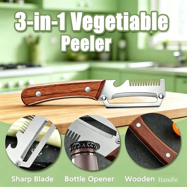 Alt view image 2 of 6 - Upgraded Multi-Functional Vegetable Peeler, Premium Peeler with Wooden Handle & Bottle Opener, Non-slip Kitchen Gadget for Potato, 2 Pack