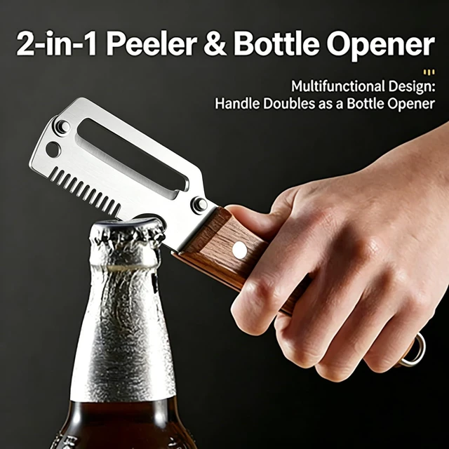 Alt view image 3 of 6 - Upgraded Multi-Functional Vegetable Peeler, Premium Peeler with Wooden Handle & Bottle Opener, Non-slip Kitchen Gadget for Potato, 2 Pack