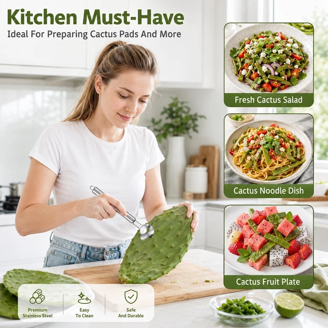 Alt view image 6 of 7 - Spoon Cactus Peeler, Multi-Function Pelador De Nopales Con Espinas stainless Steel Cactus Peeler Tool Noodle Cutter With Hole With Long Handle For Kitchen Gadgets (2)