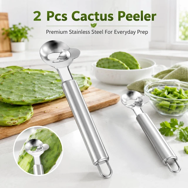 Alt view image 7 of 7 - Spoon Cactus Peeler, Multi-Function Pelador De Nopales Con Espinas stainless Steel Cactus Peeler Tool Noodle Cutter With Hole With Long Handle For Kitchen Gadgets (2)
