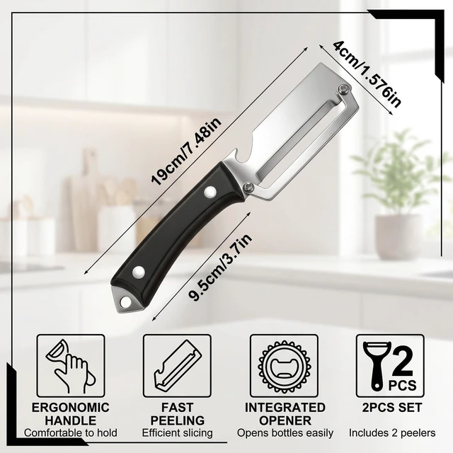 Alt view image 2 of 6 - 2 Pcs Multi-Functional Vegetable Peeler For Kitchen,Fruit Peeler,Potato Peeler,Stainless Steel Blade,With Wooden Handle And Bottle Opener,Kitchen Peeling Tool For Fruits Potatoes Apples Carrots(BLACK)