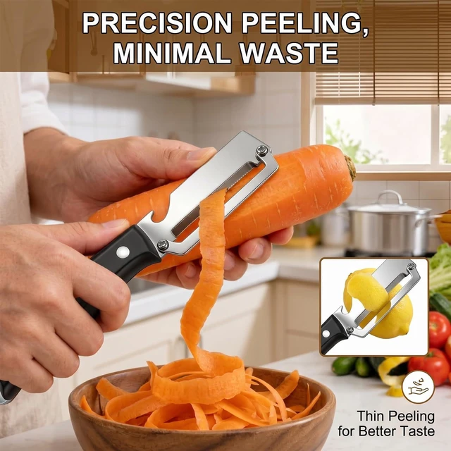 Alt view image 3 of 6 - 2 Pcs Multi-Functional Vegetable Peeler For Kitchen,Fruit Peeler,Potato Peeler,Stainless Steel Blade,With Wooden Handle And Bottle Opener,Kitchen Peeling Tool For Fruits Potatoes Apples Carrots(BLACK)
