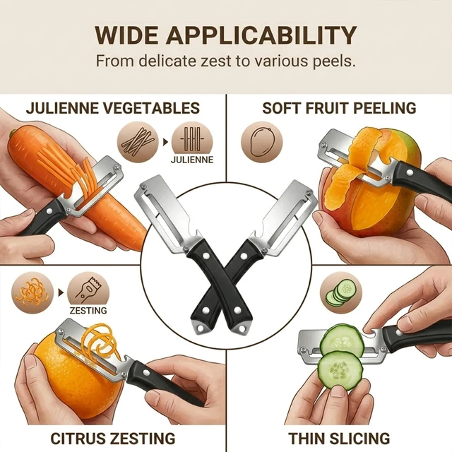 Alt view image 6 of 6 - 2 Pcs Multi-Functional Vegetable Peeler For Kitchen,Fruit Peeler,Potato Peeler,Stainless Steel Blade,With Wooden Handle And Bottle Opener,Kitchen Peeling Tool For Fruits Potatoes Apples Carrots(BLACK)