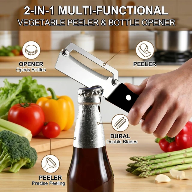 Alt view image 5 of 6 - 2 Pcs Multi-Functional Vegetable Peeler For Kitchen,Fruit Peeler,Potato Peeler,Stainless Steel Blade,With Wooden Handle And Bottle Opener,Kitchen Peeling Tool For Fruits Potatoes Apples Carrots(BLACK)