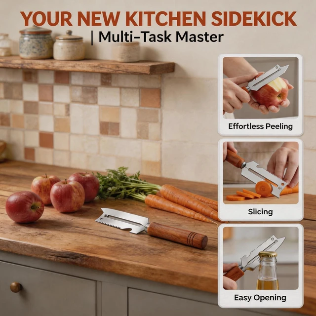 Alt view image 5 of 7 - Multi Function Vegetable Peeler, Stainless Steel Fruit Peeler Knife with Wooden Handle, 3 in 1 Kitchen Peeler for Fruits Vegetables & Scallions (1)
