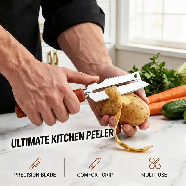 Alt view image 2 of 7 - Multi Function Vegetable Peeler, Stainless Steel Fruit Peeler Knife with Wooden Handle, 3 in 1 Kitchen Peeler for Fruits Vegetables & Scallions (1)