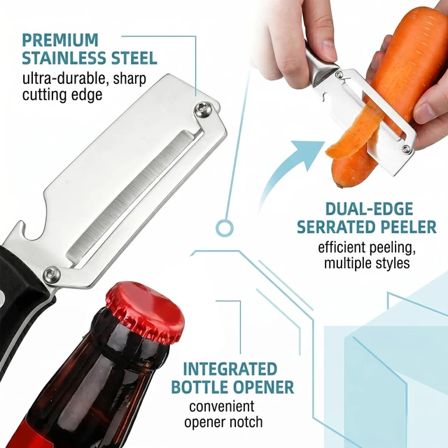 Alt view image 2 of 6 - 2pcs Vegetable Peeler,Stainless Steel Peeler With Plastic Handle And Bottle Opener,Multifunctional Vegetable Peeler,Black Peelers For Kitchen,2-In-1 Kitchen Tools,Suitable For Pumpkin,Papaya,Potato