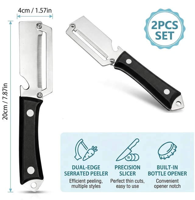 Alt view image 4 of 6 - 2pcs Vegetable Peeler,Stainless Steel Peeler With Plastic Handle And Bottle Opener,Multifunctional Vegetable Peeler,Black Peelers For Kitchen,2-In-1 Kitchen Tools,Suitable For Pumpkin,Papaya,Potato