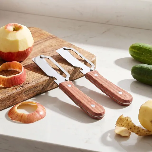 Alt view image 7 of 7 - 2 in 1 Vegetable Peeler, 2 PCS Multi Functional Potato Peelers Stainless Steel Blade Fruit Peeler with Wooden Handle Bottle Opener for Kitchen Mango Kiwi Pineapple Pumpkin Papaya Carrot