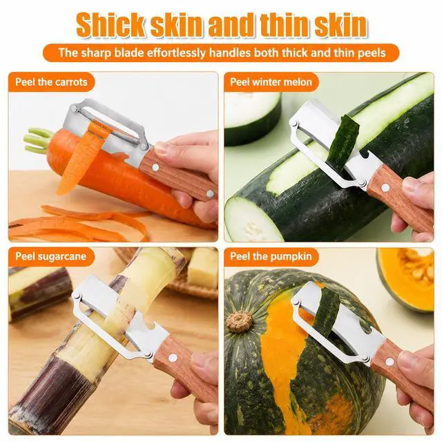 Alt view image 6 of 7 - 2 in 1 Vegetable Peeler, 2 PCS Multi Functional Potato Peelers Stainless Steel Blade Fruit Peeler with Wooden Handle Bottle Opener for Kitchen Mango Kiwi Pineapple Pumpkin Papaya Carrot