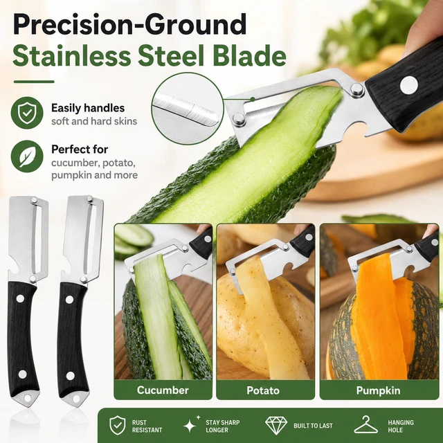 Alt view image 5 of 6 - 2pcs Multifunctional Vegetable Peeler,Multi Functional Vegetable Peeler,Peelers For Kitchen,Peeler Knife,Stainless Steel,Ergonomic Non-Slip Design,For Apple Potato,Pumpkin(Black)