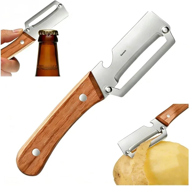 Alt view image 3 of 6 - 2 in 1 Multi Functional Vegetable Peeler for Kitchen Vegetable Peeler with Wooden Handle and Bottle Opener, Stainless Steel Blade Kitchen Tool for Fruit Apple Carrot Potato (2 PCS)
