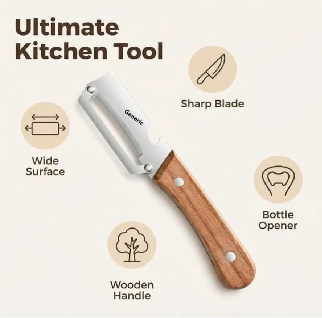 Alt view image 5 of 6 - 2 in 1 Multi Functional Vegetable Peeler for Kitchen Vegetable Peeler with Wooden Handle and Bottle Opener, Stainless Steel Blade Kitchen Tool for Fruit Apple Carrot Potato (2 PCS)