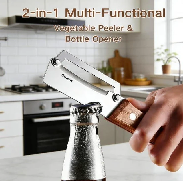 Alt view image 6 of 6 - 2 in 1 Multi Functional Vegetable Peeler for Kitchen Vegetable Peeler with Wooden Handle and Bottle Opener, Stainless Steel Blade Kitchen Tool for Fruit Apple Carrot Potato (2 PCS)