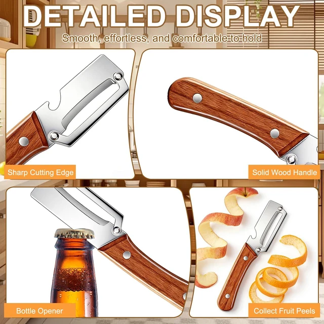 Alt view image 5 of 7 - Multifunctional Vegetable Peeler, 2-in-1 Stainless Steel Fruit and Vegetable Peeler with Wooden Handle & Bottle Opener, Potato Peeler for Kitchen (2 PCS)