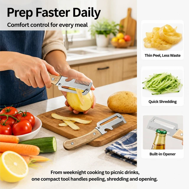 Alt view image 4 of 6 - 2 Pcs Multifunctional Vegetable Peeler With Bottle Opener For Fruit | 3 In 1 Non-Slip Peelers For Kitchen ,Peeling,Bottle Opening And Shredding ,Ultra-Sharp Stainless Steel Blade