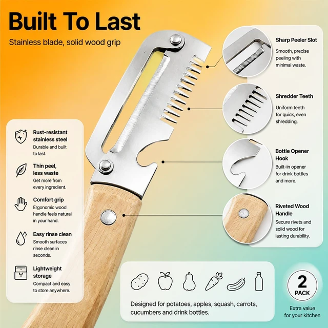 Alt view image 3 of 6 - 2 Pcs Multifunctional Vegetable Peeler With Bottle Opener For Fruit | 3 In 1 Non-Slip Peelers For Kitchen ,Peeling,Bottle Opening And Shredding ,Ultra-Sharp Stainless Steel Blade