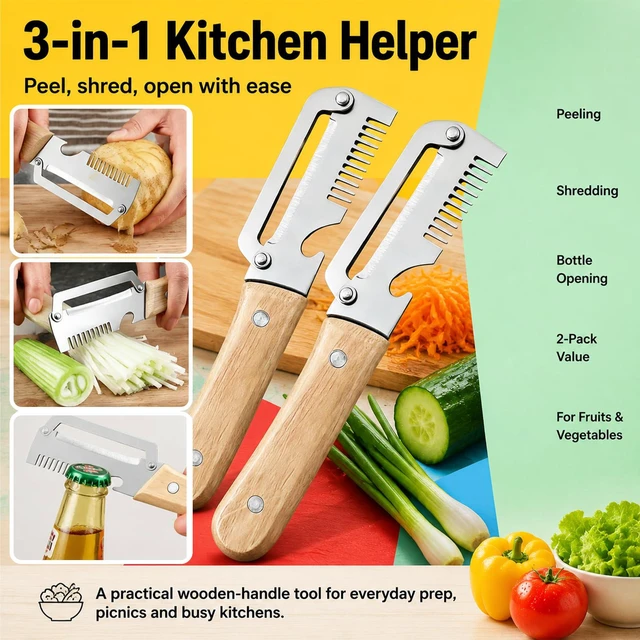 Alt view image 5 of 6 - 2 Pcs Multifunctional Vegetable Peeler With Bottle Opener For Fruit | 3 In 1 Non-Slip Peelers For Kitchen ,Peeling,Bottle Opening And Shredding ,Ultra-Sharp Stainless Steel Blade