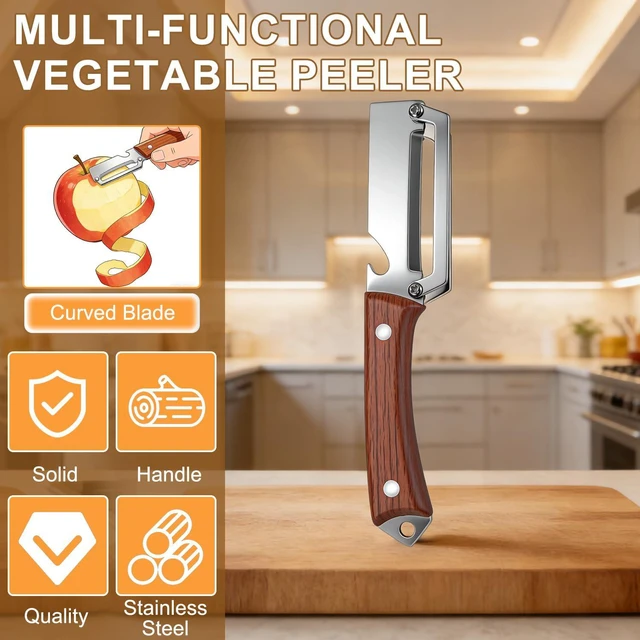 Alt view image 2 of 7 - 2PCS Premium Vegetable Peeler with Wooden Handle and Bottle Opener, 2026 New Multifunctional 2-in-1 Stainless Steel Kitchen Tool, Contour-Flow for Camping Apple Potato Pumpkin Papaya Peeling (Mix)