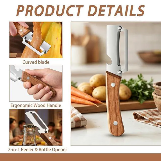 Alt view image 3 of 7 - 2 Pack Multifunctional Vegetable Peeler, Suitable for fruits & veggies | 2-in-1 multifunctional peeler with bottle opener; ultra-sharp stainless steel blade, ergonomic non-slip wooden handle