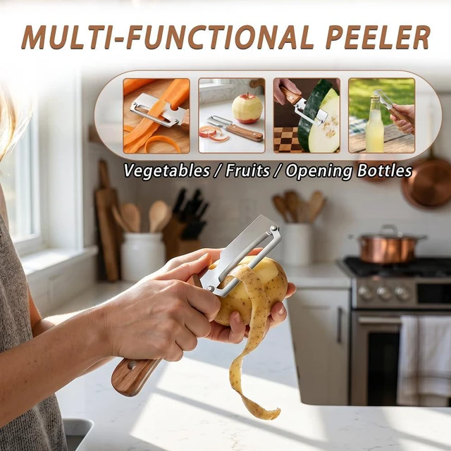 Alt view image 4 of 7 - 2 Pack Multifunctional Vegetable Peeler, Suitable for fruits & veggies | 2-in-1 multifunctional peeler with bottle opener; ultra-sharp stainless steel blade, ergonomic non-slip wooden handle