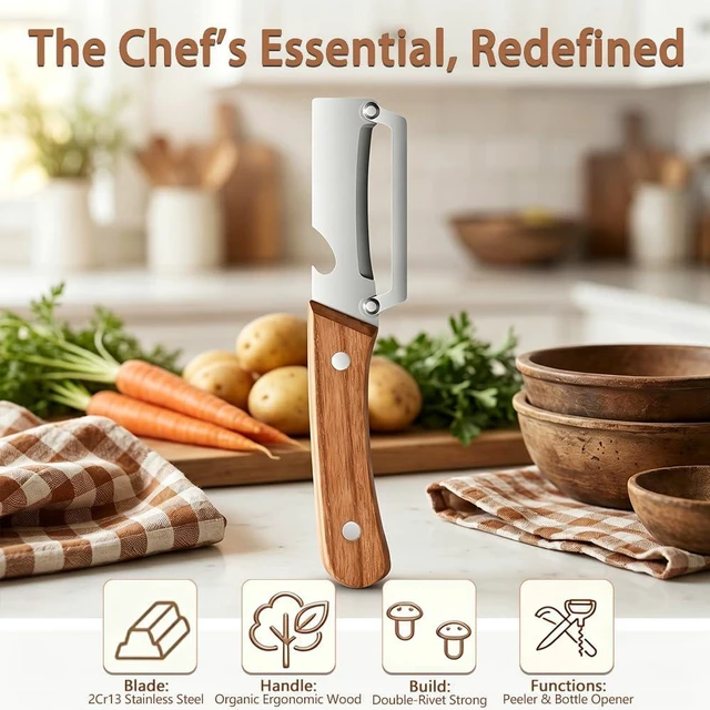 Alt view image 5 of 7 - 2 Pack Multifunctional Vegetable Peeler, Suitable for fruits & veggies | 2-in-1 multifunctional peeler with bottle opener; ultra-sharp stainless steel blade, ergonomic non-slip wooden handle