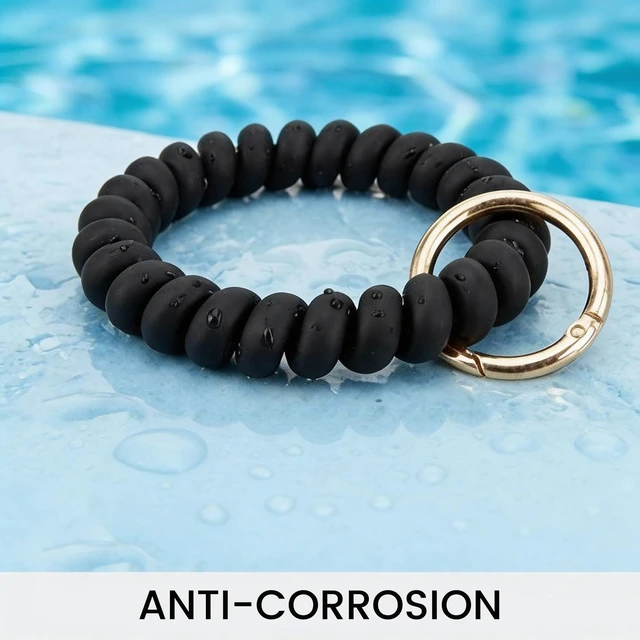 Alt view image 6 of 7 - Black Stretchable Wristband Keychain, Inner Diameter 1.65" Durable Waterproof Wrist Key Holder with Adjustable Wristlet Strap - Ideal for Gym, Swimming, Sauna, Running, and Outdoor ActivitiesUnisex