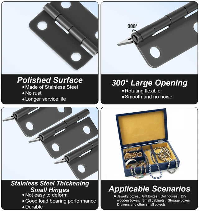 Alt view image 5 of 7 - 50 Pairs Folding Hinges, Small Hinge Rotatable Hardware Hinges | Mini Metal Tiny Hinges for Jewelry Box, Wooden Gift Case, Door, and Crafts