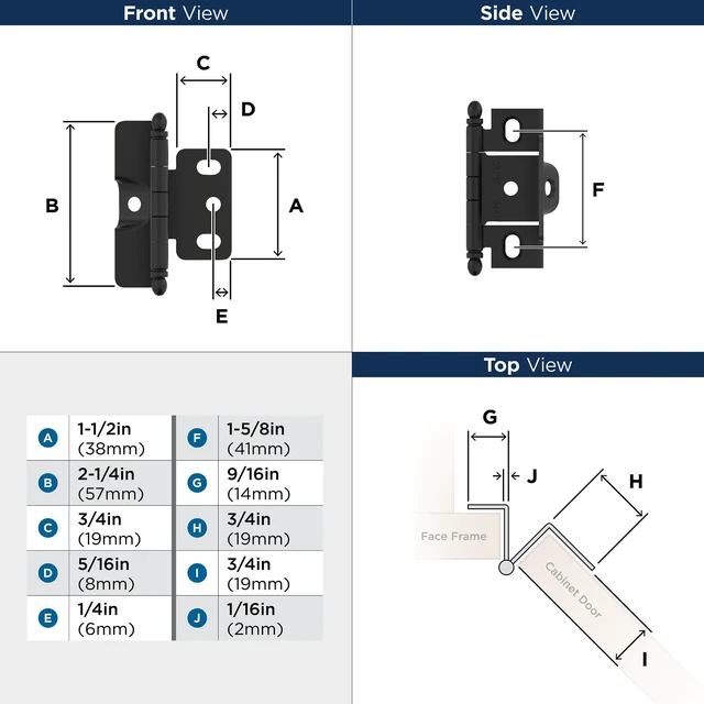 Alt view image 4 of 4 - 3/4" Full Wrap Matte Black Decorative Cabinet Hinge | Non-Self-Closing Steel Cabinet Hinge for Doors with 3/4" (19mm) Door Thickness; Full Inset, Full Wrap