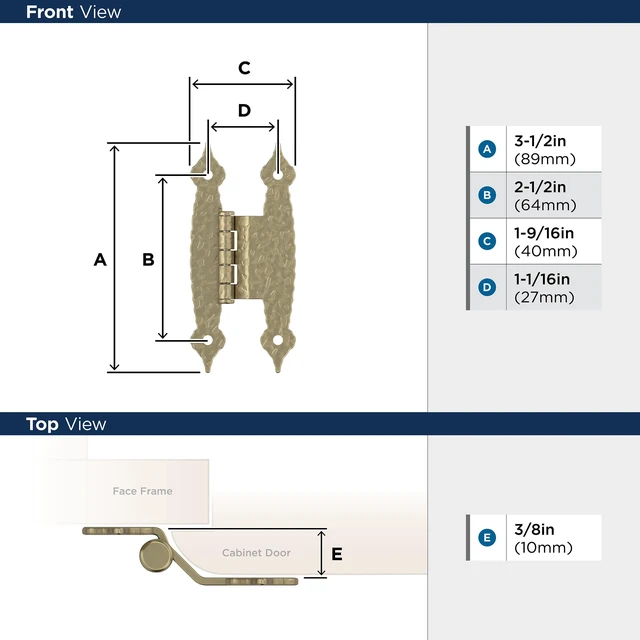 Alt view image 4 of 4 - 1 Pair 3/8" Offset Golden Champagne Non-Self-Closing Cabinet Hinge | Steel Cabinet Butterfly Hinge for Kitchen, Bathroom and Furniture Doors, 3/8" (10mm) Offset, Non-Self Closing, Face Mount
