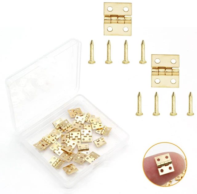 Main image of Mini Brass Hinges, 10x8mm, Golden, 24 Pcs | 180 Degree Rotation, Miniature Furniture Hardware, For Jewelry Box Closet DIY, Includes Mounting Nails