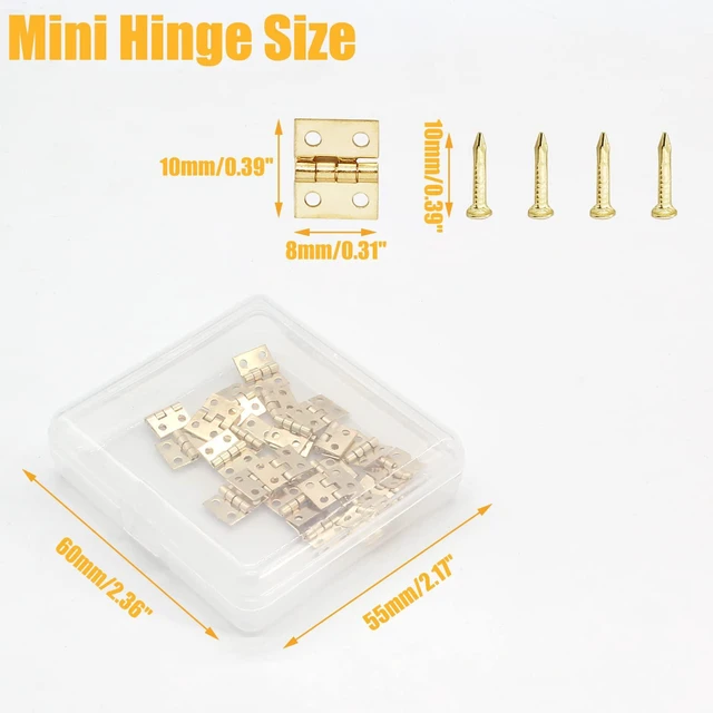 Alt view image 2 of 7 - Mini Brass Hinges, 10x8mm, Golden, 24 Pcs | 180 Degree Rotation, Miniature Furniture Hardware, For Jewelry Box Closet DIY, Includes Mounting Nails
