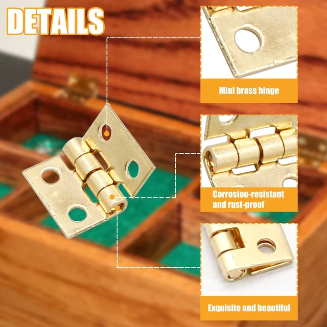 Alt view image 3 of 7 - Mini Brass Hinges, 10x8mm, Golden, 24 Pcs | 180 Degree Rotation, Miniature Furniture Hardware, For Jewelry Box Closet DIY, Includes Mounting Nails