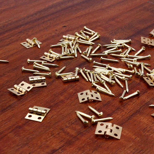 Alt view image 4 of 7 - Mini Brass Hinges, 10x8mm, Golden, 24 Pcs | 180 Degree Rotation, Miniature Furniture Hardware, For Jewelry Box Closet DIY, Includes Mounting Nails