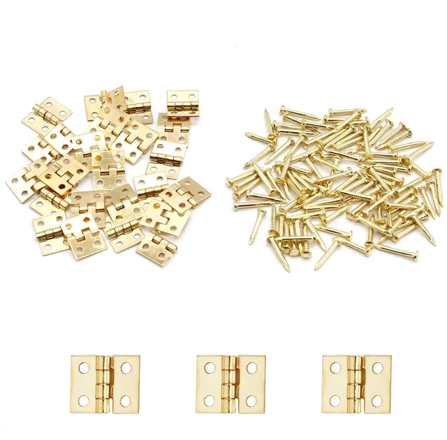 Alt view image 7 of 7 - Mini Brass Hinges, 10x8mm, Golden, 24 Pcs | 180 Degree Rotation, Miniature Furniture Hardware, For Jewelry Box Closet DIY, Includes Mounting Nails