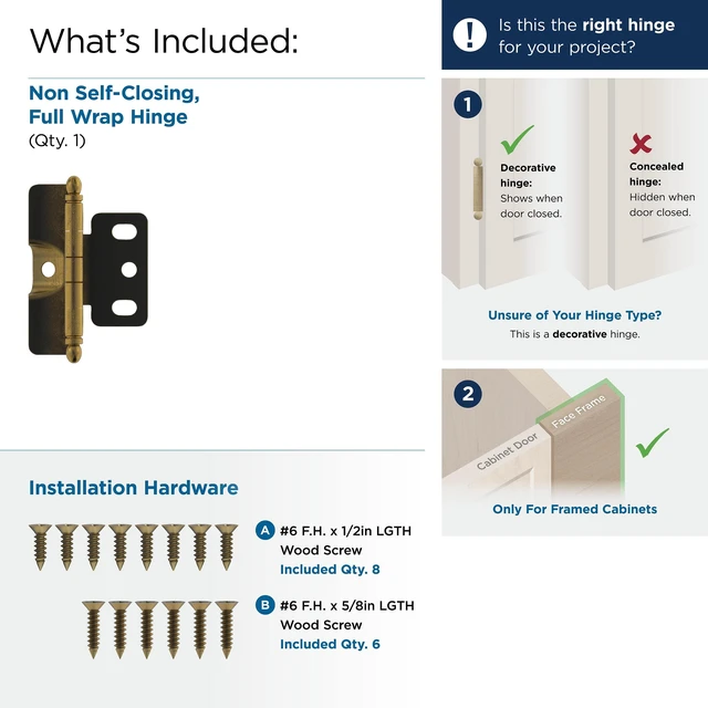 Alt view image 4 of 5 - 3/4" Full Wrap Antique Brass Decorative Cabinet Hinge | Non-Self-Closing Steel Cabinet Hinge for Doors with 3/4" (19mm) Door Thickness; Full Inset, Full Wrap