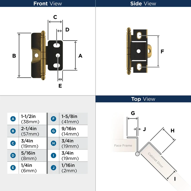Alt view image 5 of 5 - 3/4" Full Wrap Antique Brass Decorative Cabinet Hinge | Non-Self-Closing Steel Cabinet Hinge for Doors with 3/4" (19mm) Door Thickness; Full Inset, Full Wrap